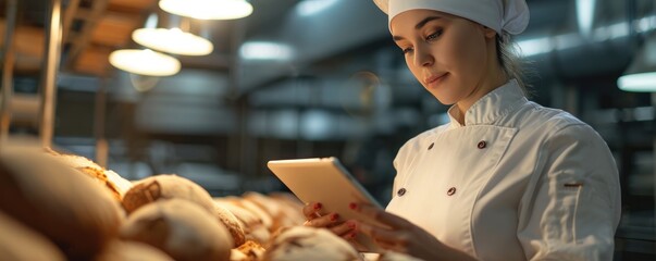 Young woman Baker using a tablet computer for controlling quality of craft bread, bakery factory
