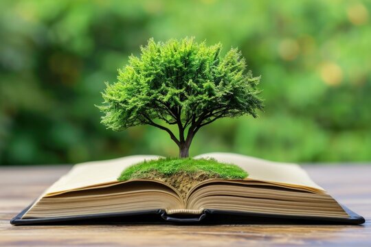 Tree on top of an open book, concept of knowledge and Earth Day. Nature and learning, bokeh background.