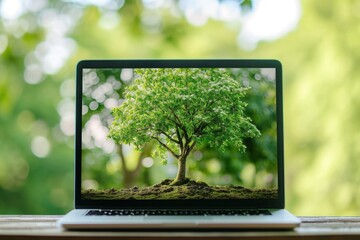Tree on laptop screen, technology and earth day concept, bokeh background.