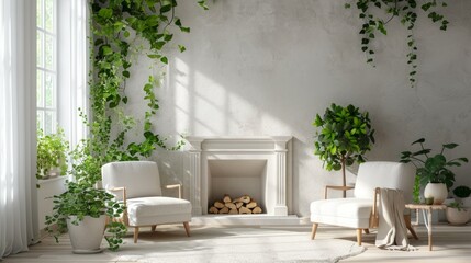 Fototapeta na wymiar Modern room concept interior style, chair fireplace frame wicker carpet decoration, grey stone wall background.