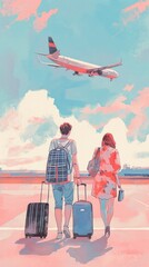 couple travelling with suitcase on vacation in beautiful background,time to travel
