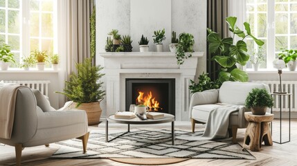 Modern room concept interior style, chair fireplace frame wicker carpet decoration, grey stone wall background.