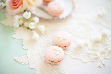 macarons and pearls on a lace tablecloth for elegance