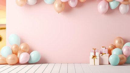 Holiday background with colorful balloons, confetti and ribbons. Holiday greeting card for birthday party, anniversary, New Year, Christmas or other events