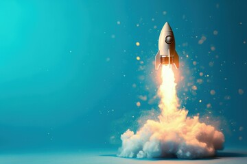 Rocket taking off on blue background, startup and business concept.	