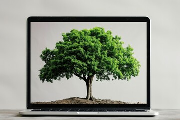 Tree on laptop screen, technology and earth day concept, white background.