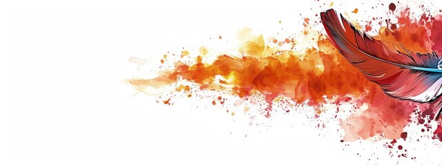 Abstract white background with ink and feather, indigenous culture concept.