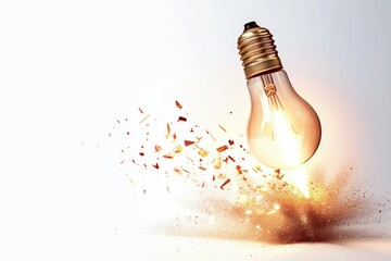Light bulb taking off like rocket on white background, startup and business concept.	
