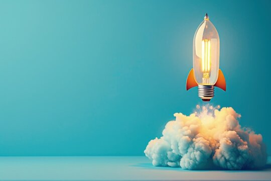 Light bulb taking off like rocket on blue background, startup and business concept.	