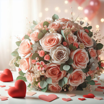Beautiful bouquet of delicate roses on the table, Al Generation