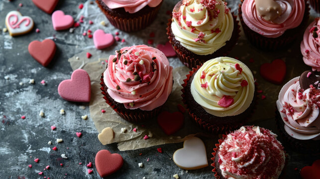 cupcakes with pink airy cream and hearts on a matte surface, Valentine's Day, banner
