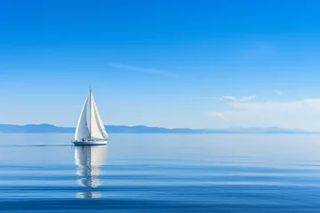 Poster A sailboat gliding on calm waters, the sail reflecting the pure blue of the sky, Generative AI © Formatikastd