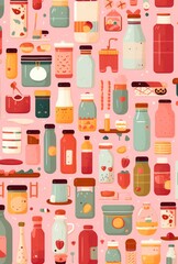 breakfast decor pattern. a pink seamless pattern with various elements. colorful background with fruits, donuts and oranges