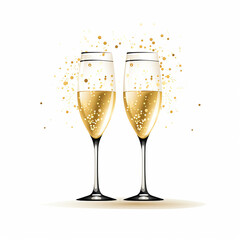 Two glasses of champagne with bubbles on white background. Vector illustration.