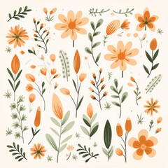 Flat design soft earth tones pattern. pattern with leaves in various colors and outlines. vintage and contemporary fabric