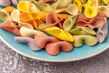 Colorful pasta background. Top view of five colors pasta shells .Heap of colorful spiral pasta,macaroni texture.