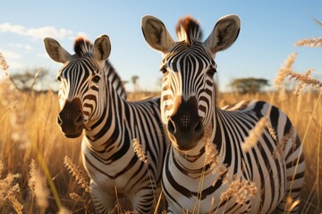 Fototapeta na wymiar Two majestic zebras peacefully standing in a vast field, their striking black and white stripes blending seamlessly with the grass and sky as they embody the essence of wild beauty in this serene out