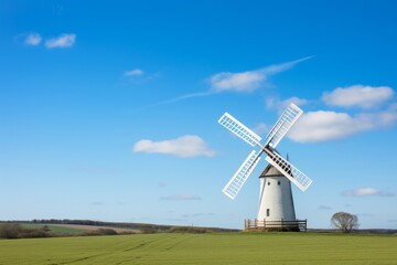 Fototapeta premium A traditional countryside windmill standing tall under a seamless blue sky, Generative AI