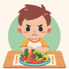 Picky eater concept vector image. Sad unhappy child doesn't want to eat his  meal