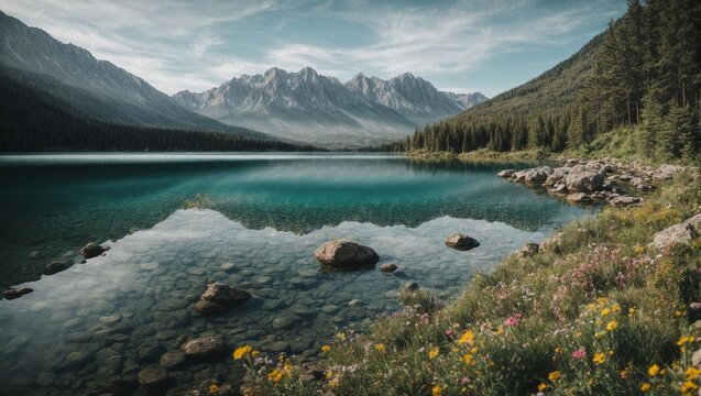 photo of lake view with clear blue water in the middle of the forest against the background of mountains made by AI generative