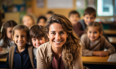 Dedicated Teacher Smiling with Diverse Young Students in a Vibrant Classroom Environment