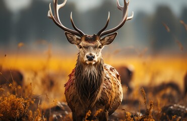 A majestic buck, adorned with impressive antlers, gracefully stands in a peaceful field, embodying the wild beauty of terrestrial animals in nature