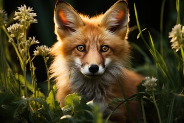 A swift fox basks in the grass, surrounded by other wild canines such as red foxes, kit foxes, and dhols, as it enjoys the freedom of the great outdoors - obrazy, fototapety, plakaty