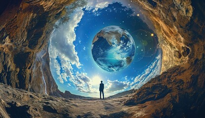 Looking Beyond: Earth as seen from a mysterious cave, a conceptual piece of art illustrating nature and space