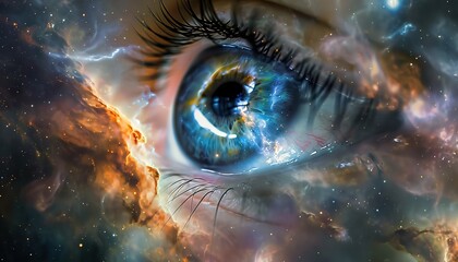Cosmic Gaze: A surreal work of art that combines the detailed human eye with the mystical beauty of the galaxy - obrazy, fototapety, plakaty