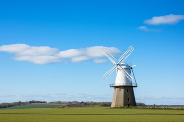 A traditional countryside windmill standing tall under a seamless blue sky, Generative AI