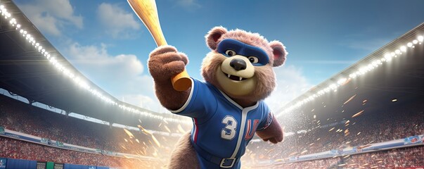 Animated bear character swinging a baseball bat in a stadium.