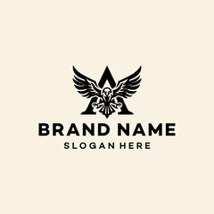 logo template black eagle, symbol, emblem, Premium company brand identity hawk symbol. Heraldic falcon in flight badge. Vector 
