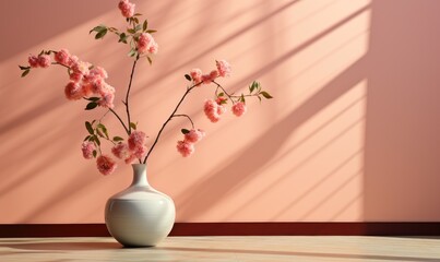 A delicate still life of pink flowers in a wall-mounted vase, exuding a serene and elegant ikebana-inspired floral design