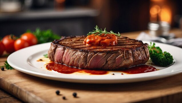 photo of a plate of steak meat with a sauce that looks good in the kitchen made by AI generative