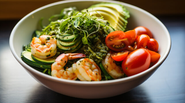 Vegetarian lunch bowl with avocado greens zucchini