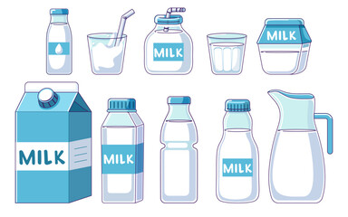 Dairy products set. Collection of bottles, bags or cartons of milk. Simple flat design vector illustration. Set of milk for National dairy month and World Milk Day.