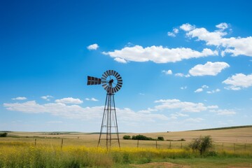 A traditional countryside windmill standing tall under a seamless blue sky, Generative AI