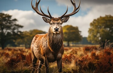 A majestic buck gazes upon the vast expanse of nature, his antlers reaching towards the sky in a symbol of strength and grace