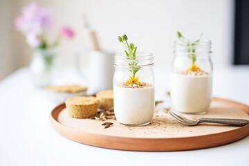 vegan muffins with plant milk on side - obrazy, fototapety, plakaty
