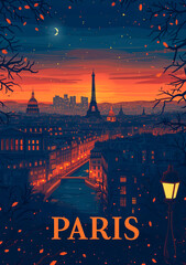 Paris France poster with text "PARIS" in font, French architecture, cityscape, graphic design inspired illustration style, flatness of space, night light atmosphere, travel. vacation destination conce