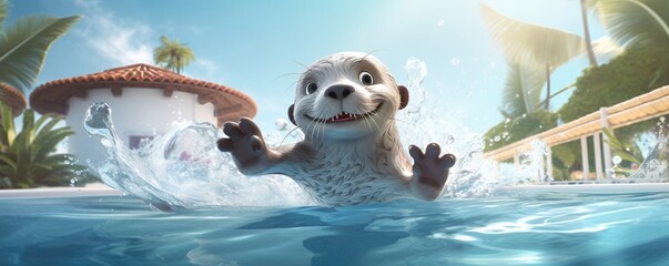 Animated otter joyfully splashing in a pool. - obrazy, fototapety, plakaty