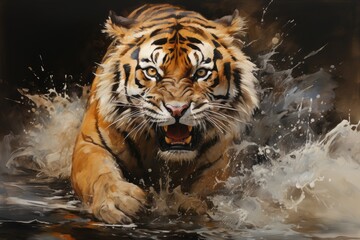 Fototapeta na wymiar A majestic siberian tiger basks in the cool waters, its mouth agape in a show of raw power and grace