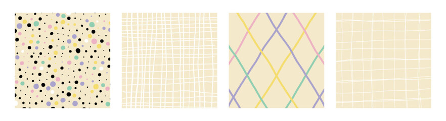 Simple Geometric Hand Drawn Irregular Patterns.Cute Colored Doodle Checkered simple drawing with textures, lines, dots and squiggles. Square Poster set
