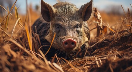 A forlorn domestic pig, with its muddy snout and coarse hair, lies in the grassy field under the vast sky, surrounded by hay and the looming presence of its wild boar ancestors