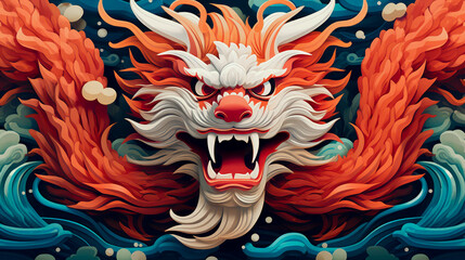 Illustration of a colorful Chinese dragon close up
