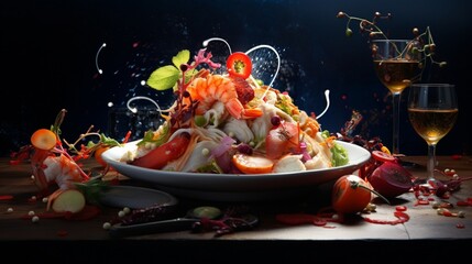 Obraz na płótnie Canvas An ultra-realistic culinary composition displaying gourmet dishes with intricate textures, vibrant colors, and cinematic lighting - Generative AI