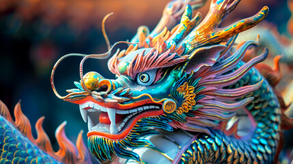 Bright colorful Chinese dragon closeup outdoors for Chinese New Year celebration