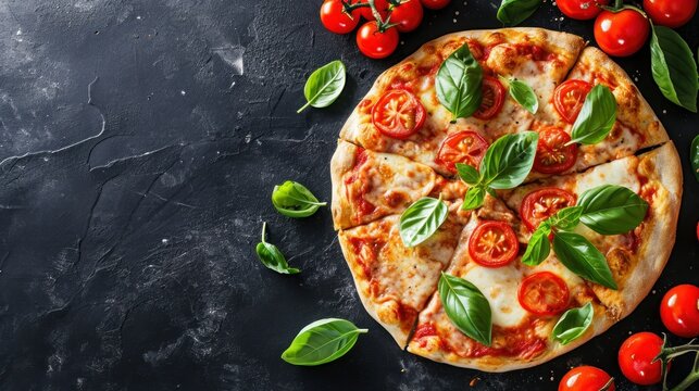 Pizza Margherita with mozzarella cheese, tomatoes and basil on a black background. Quattro Formaggi Pizza. Four cheese Pizza. Cheese Pull. Pizza on a Background with copyspace.
