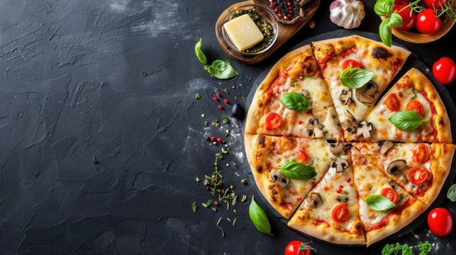Pizza with mushrooms, tomatoes, cheese and basil on a black background. Quattro Formaggi Pizza. Four cheese Pizza. Cheese Pull. Pizza on a Background with copyspace.