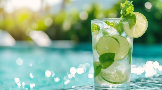 A close up of a chilled mojito cocktail with fresh mint and lime, set on a sunny poolside. The image encapsulates the spirit of summer relaxation and refreshing drinks.   
